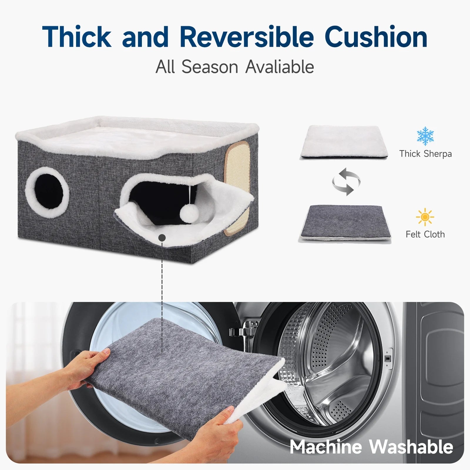 Cat Beds for Indoor Cats, Extra Wide Large Cat House for Pet Cat Cave with Scratch Pad and Fluffy Hanging Ball,Foldable Cat Cube Hideaway,Grey