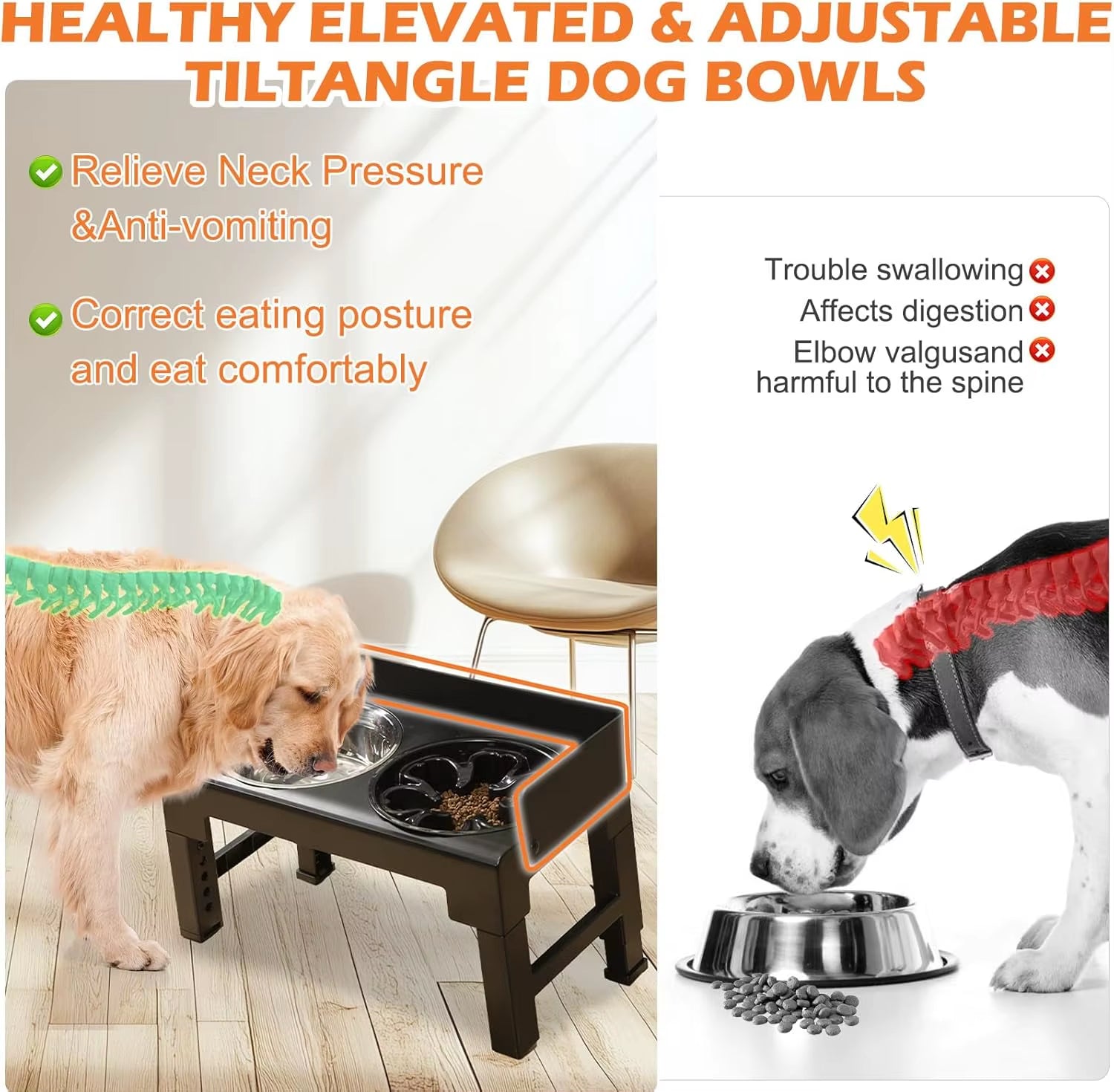 6 Height Adjustable Elevated Dog Bowls Stand with 2 Stainless Steel Bowls, Non-Slip Spill-Proof Pet Feeder for Small Medium Larg