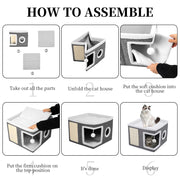 Cat Beds for Indoor Cats,Large Cat House for Pet Cat Cave with Scratch Pad and Fluffy Hanging Ball,Foldable Cat Cube Hideaway,Grey
