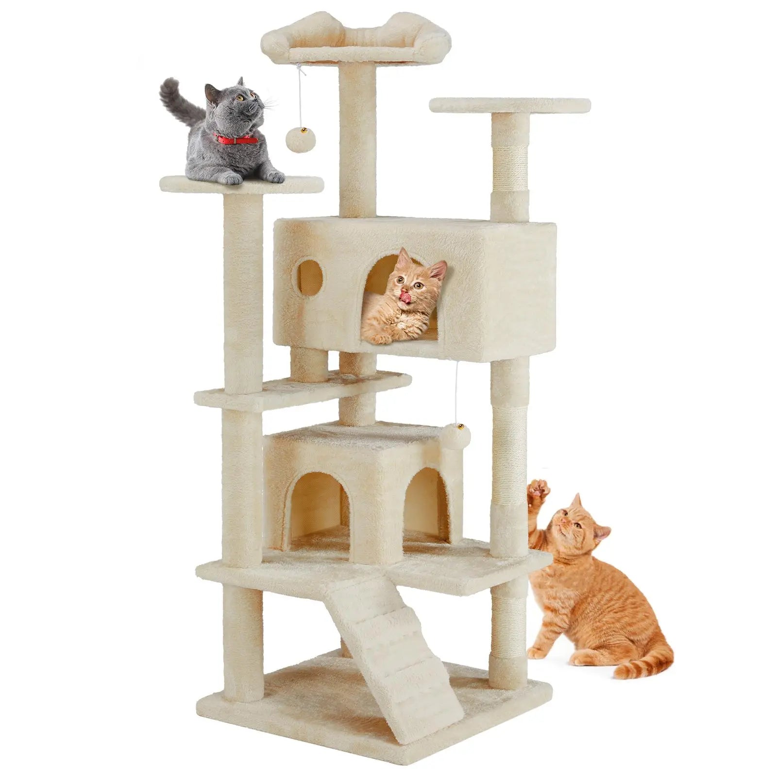 Cat Tree Tower for Indoor Cats, 54In Tall Multi-Level Pet Furniture, Stable Kitty Play House with Sisal Scratching Post, Large Condo, Climbing Ladder, Plush Toy for Kitten Cat Treehouse
