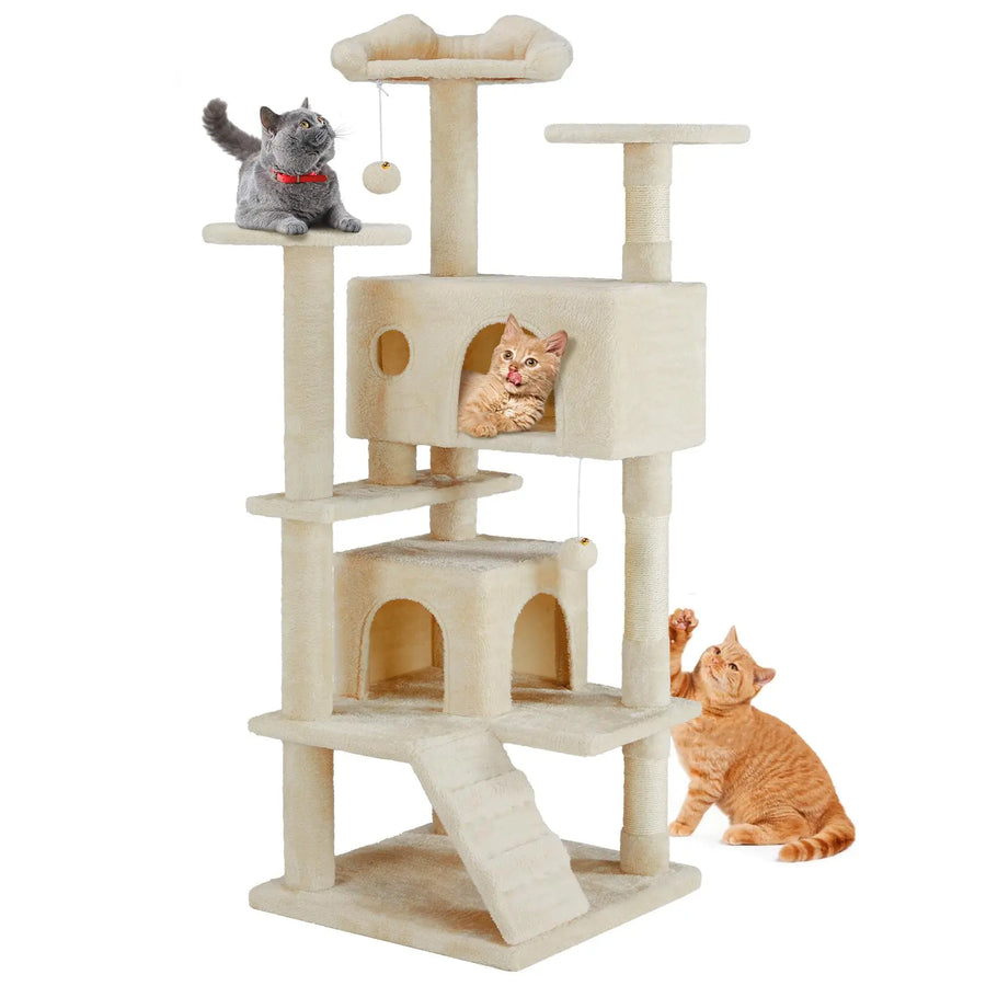 Cat Tree Tower for Indoor Cats, 54In Tall Multi-Level Pet Furniture, Stable Kitty Play House with Sisal Scratching Post, Large Condo, Climbing Ladder, Plush Toy for Kitten Cat Treehouse
