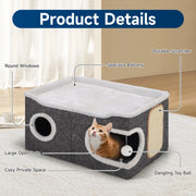 Cat Beds for Indoor Cats, Extra Wide Large Cat House for Pet Cat Cave with Scratch Pad and Fluffy Hanging Ball,Foldable Cat Cube Hideaway,Grey