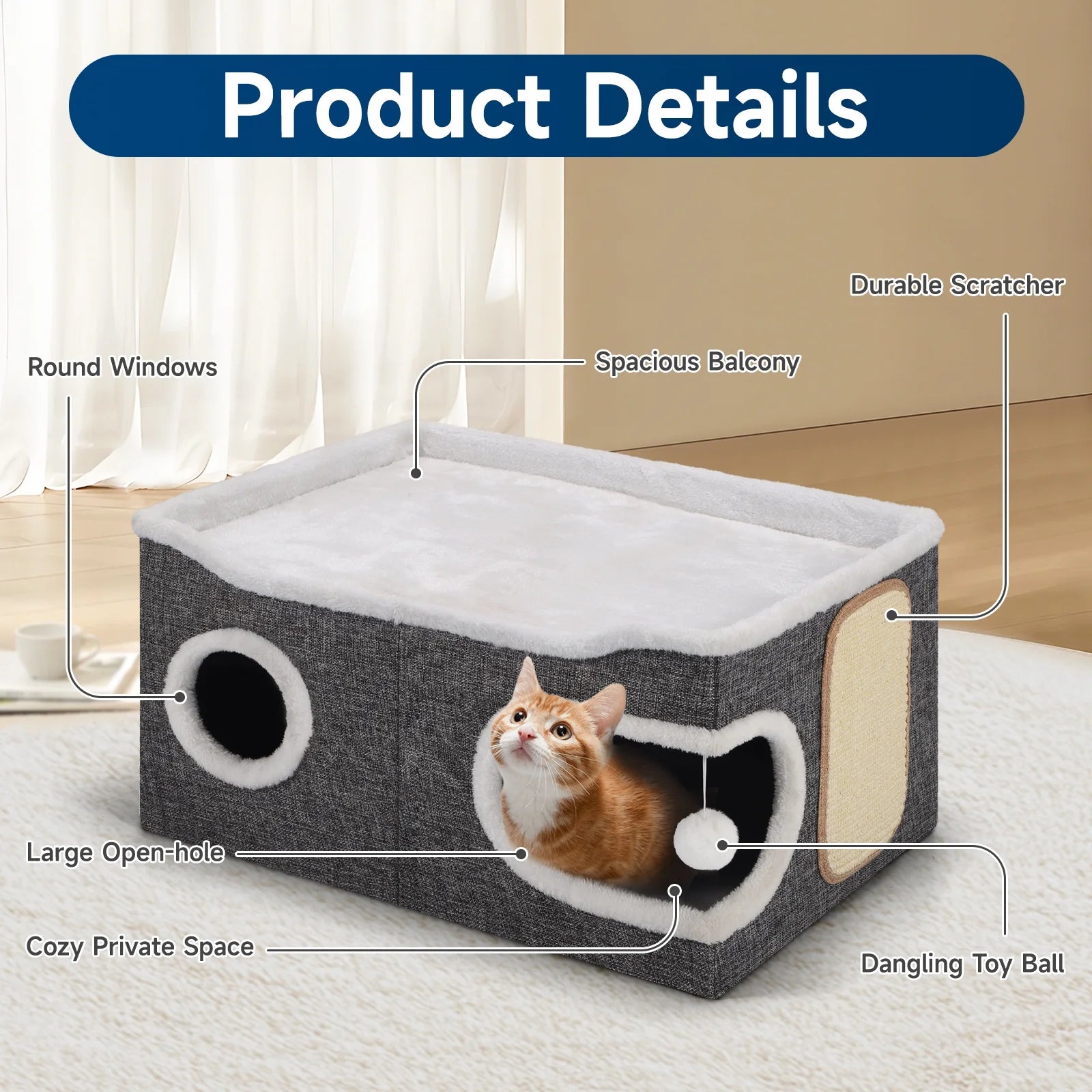 Cat Beds for Indoor Cats, Extra Wide Large Cat House for Pet Cat Cave with Scratch Pad and Fluffy Hanging Ball,Foldable Cat Cube Hideaway,Grey