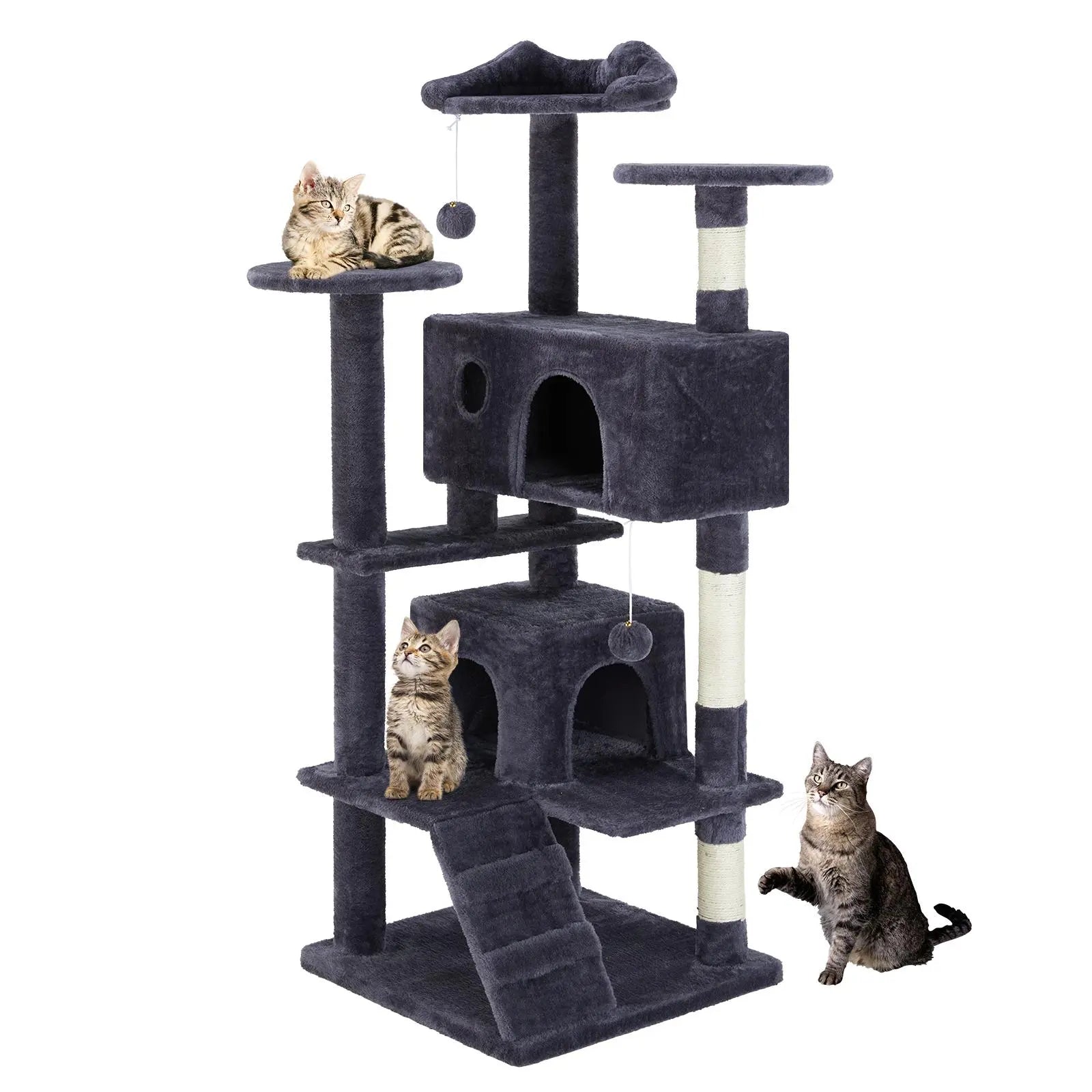 Cat Tree Tower for Indoor Cats, 54In Tall Multi-Level Pet Furniture, Stable Kitty Play House with Sisal Scratching Post, Large Condo, Climbing Ladder, Plush Toy for Kitten Cat Treehouse