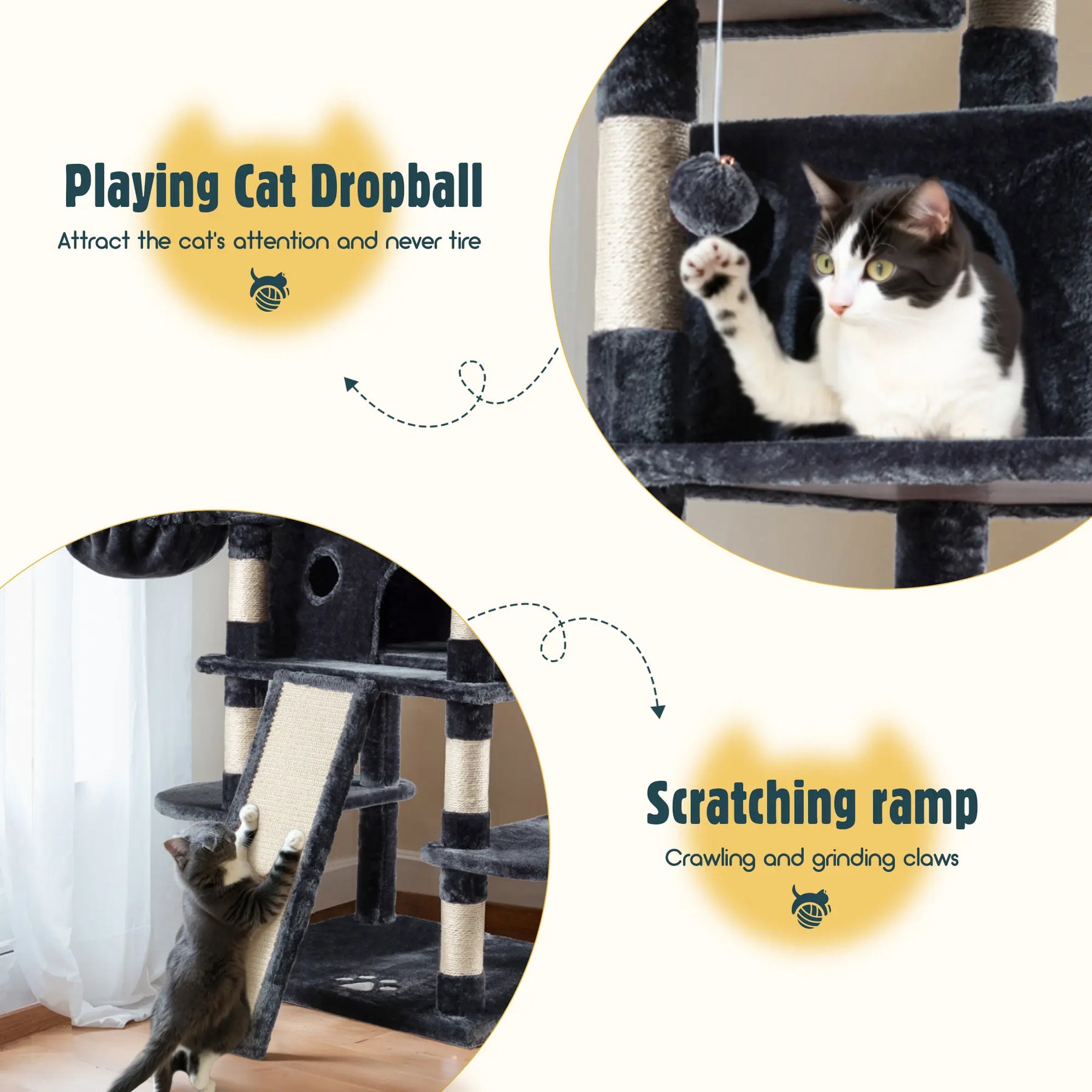 HOOMIC 68-Inch Multi-Level Cat Tree Tower for Large Cats with Sturdy Chipboard Base & Sisal Scratching Posts Cozy Plush Perches & Wide Base Board for Home Activity