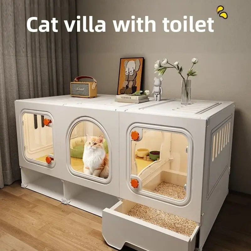 Modern Multi-Room Cat House with Built-In Litter Box | Tiktok Hot Pet Furniture | Cozy Cat Condo for Indoor Cats