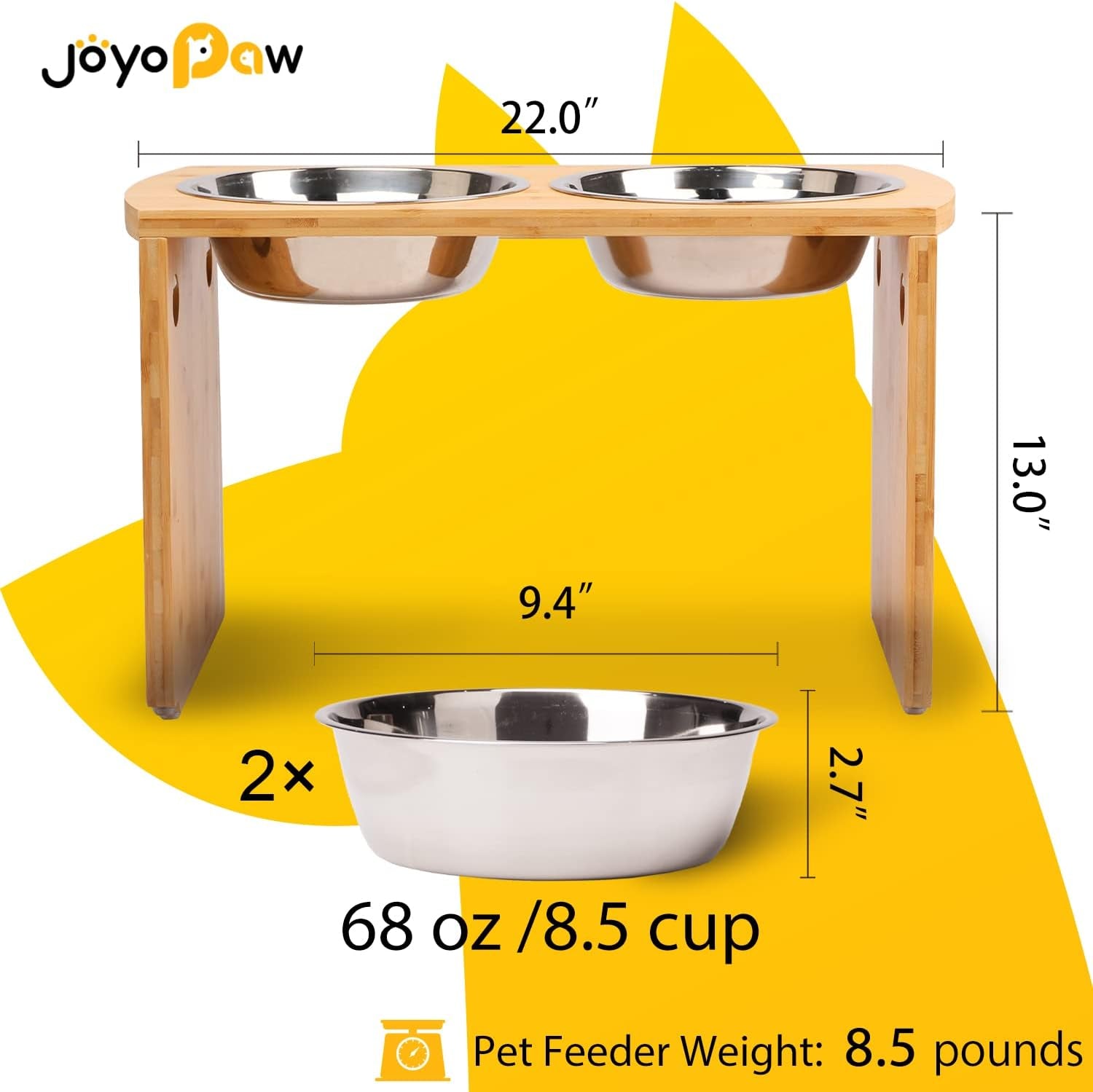 Elevated Dog Bowls, Bamboo Raised Dog Bowl for Large Dogs, with 2 Stainless Steel Bowls (13'' Tall-68Oz Bowl)