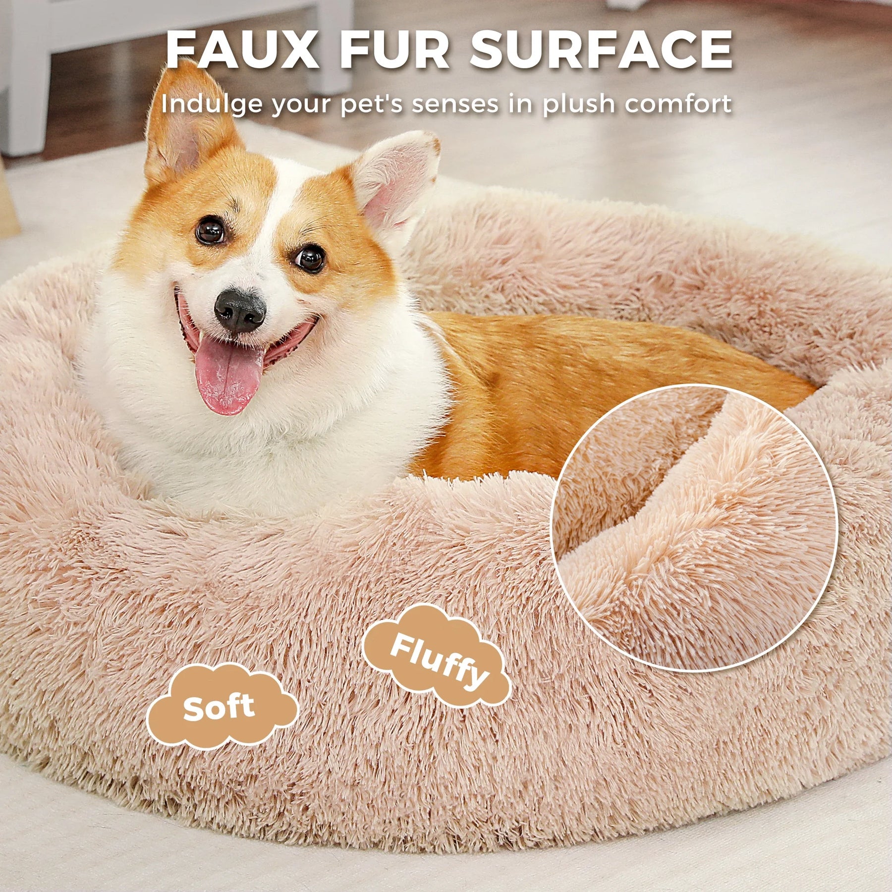 Calming Donut Dog Bed Anti-Anxiety Plush Pillow round Puppy Cat Bed 35" for Pets up to 100Lbs,Beige