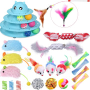 24 PCS Cat Toys, 3-Level Turntable Kitten Toys Set, Interactive Cat Roller Toys for Indoor Cats, Catnip Toys, Cat Teaser Toys, Mice Toys, Spring Toys, Various Ball Toys for Kitty Interactive Chirping