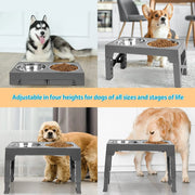Elevated Dog Bowls Stand with 2 Stainless Steel Dishes, Raised Dog Bowl Adjusts to 5 Heights (3.15", 8.9", 10",11.2", 12.4") for Medium and Large Dogs（Gray）