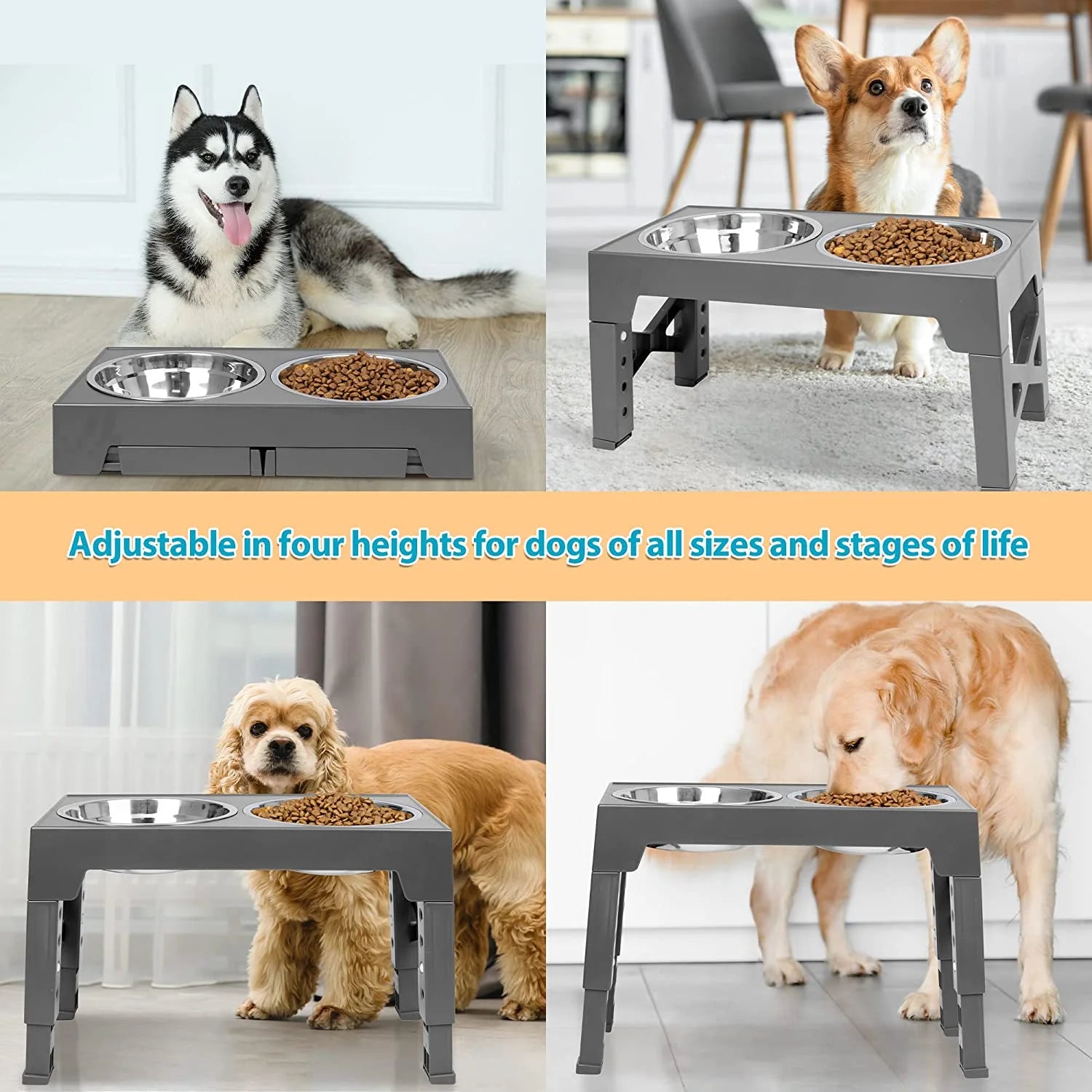 Elevated Dog Bowls Stand with 2 Stainless Steel Dishes, Raised Dog Bowl Adjusts to 5 Heights (3.15", 8.9", 10",11.2", 12.4") for Medium and Large Dogs（Gray）