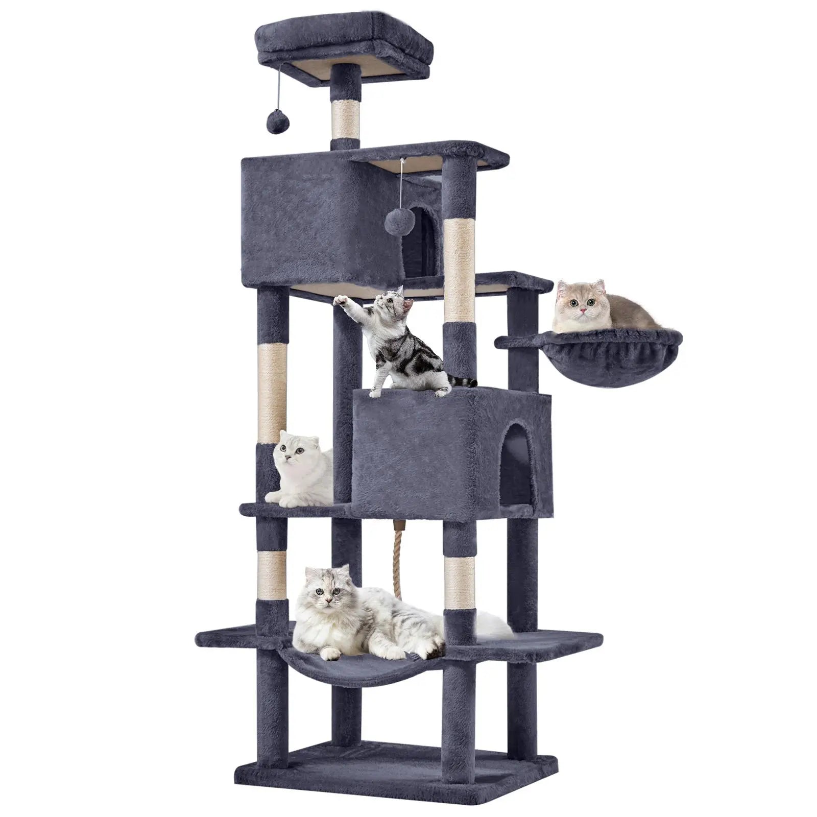 Cat Tree Tower for Indoor Cats, 54In Tall Multi-Level Pet Furniture, Stable Kitty Play House with Sisal Scratching Post, Large Condo, Climbing Ladder, Plush Toy for Kitten Cat Treehouse