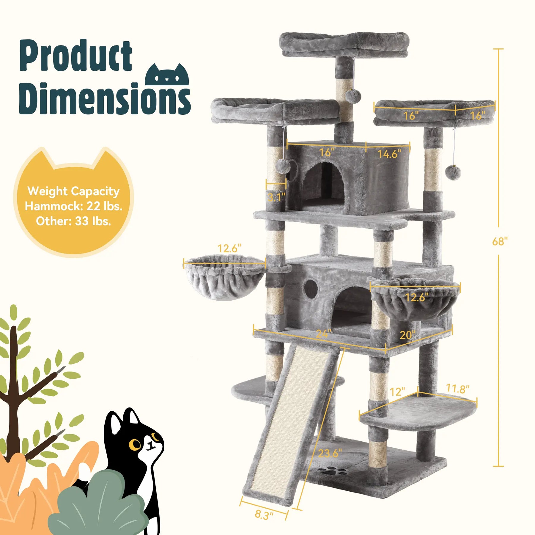 HOOMIC 68-Inch Multi-Level Cat Tree Tower for Large Cats with Sturdy Chipboard Base & Sisal Scratching Posts Cozy Plush Perches & Wide Base Board for Home Activity