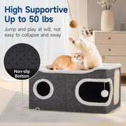Cat Beds for Indoor Cats, Extra Wide Large Cat House for Pet Cat Cave with Scratch Pad and Fluffy Hanging Ball,Foldable Cat Cube Hideaway,Grey