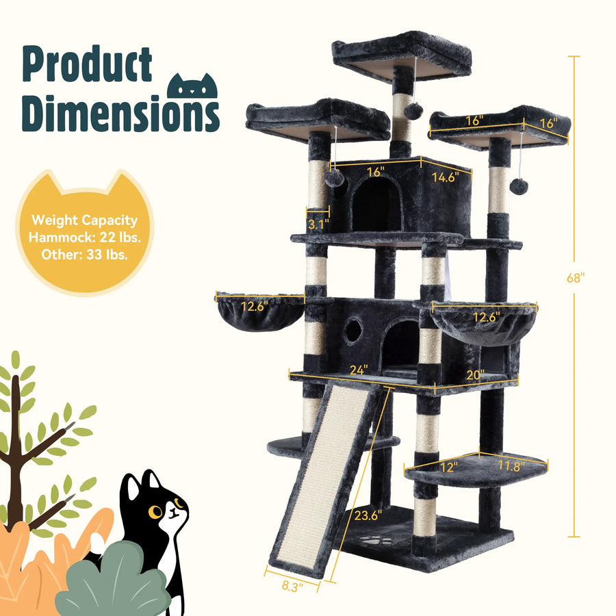 HOOMIC 68-Inch Multi-Level Cat Tree Tower for Large Cats with Sturdy Chipboard Base & Sisal Scratching Posts Cozy Plush Perches & Wide Base Board for Home Activity