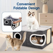 Cat Beds for Indoor Cats, Extra Wide Large Cat House for Pet Cat Cave with Scratch Pad and Fluffy Hanging Ball,Foldable Cat Cube Hideaway,Grey