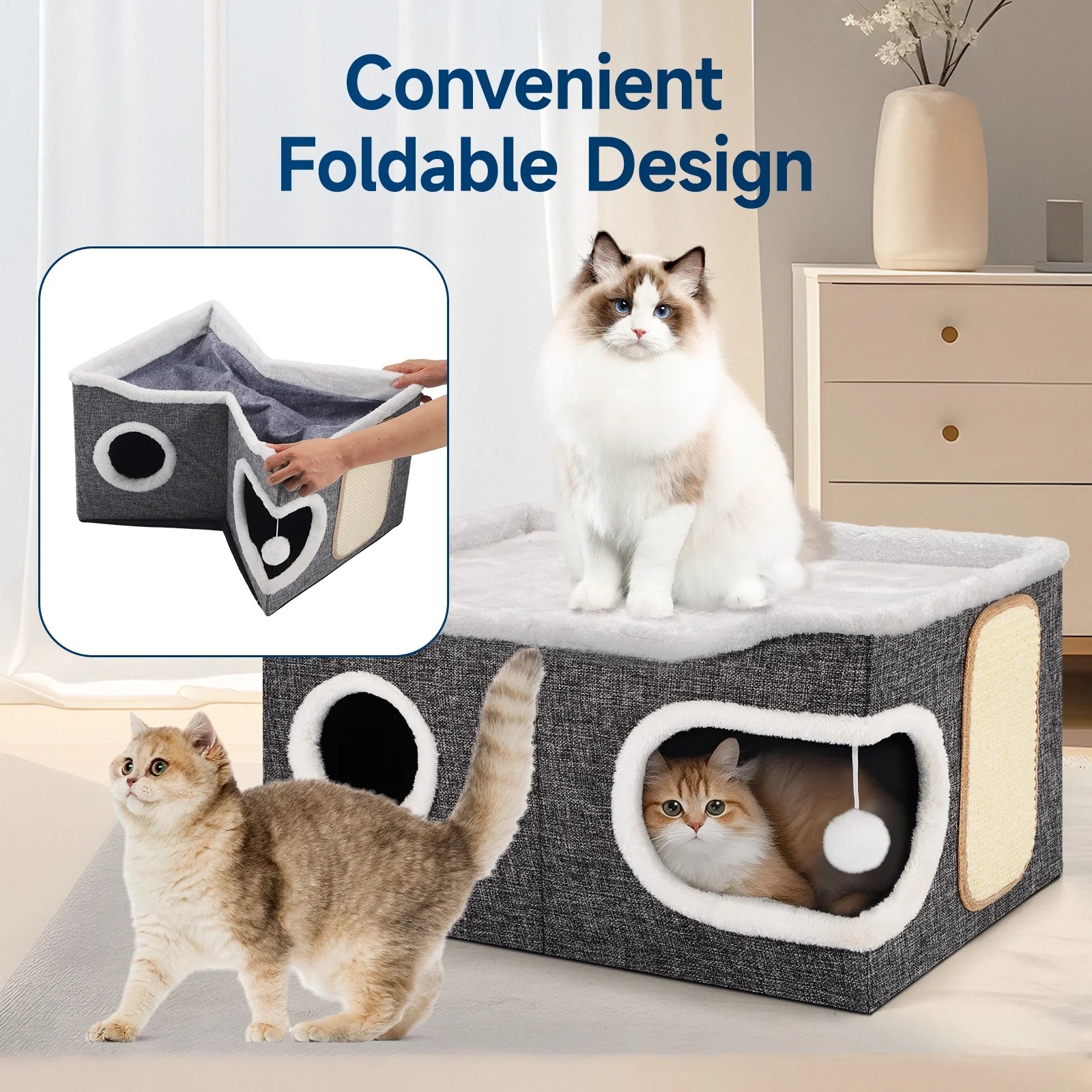 Cat Beds for Indoor Cats, Extra Wide Large Cat House for Pet Cat Cave with Scratch Pad and Fluffy Hanging Ball,Foldable Cat Cube Hideaway,Grey