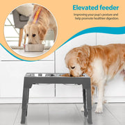 Elevated Dog Bowls Stand with 2 Stainless Steel Dishes, Raised Dog Bowl Adjusts to 5 Heights (3.15", 8.9", 10",11.2", 12.4") for Medium and Large Dogs（Gray）