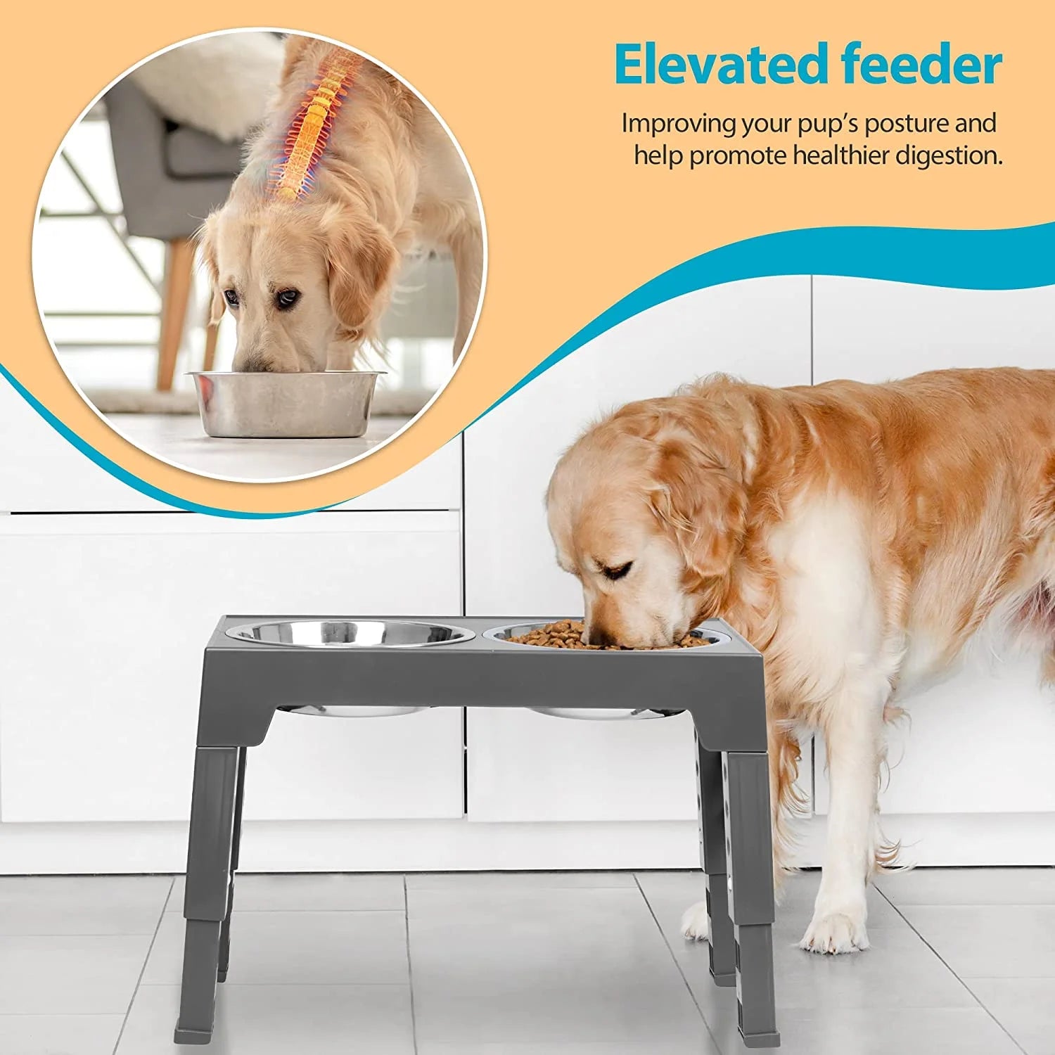 Elevated Dog Bowls Stand with 2 Stainless Steel Dishes, Raised Dog Bowl Adjusts to 5 Heights (3.15", 8.9", 10",11.2", 12.4") for Medium and Large Dogs（Gray）