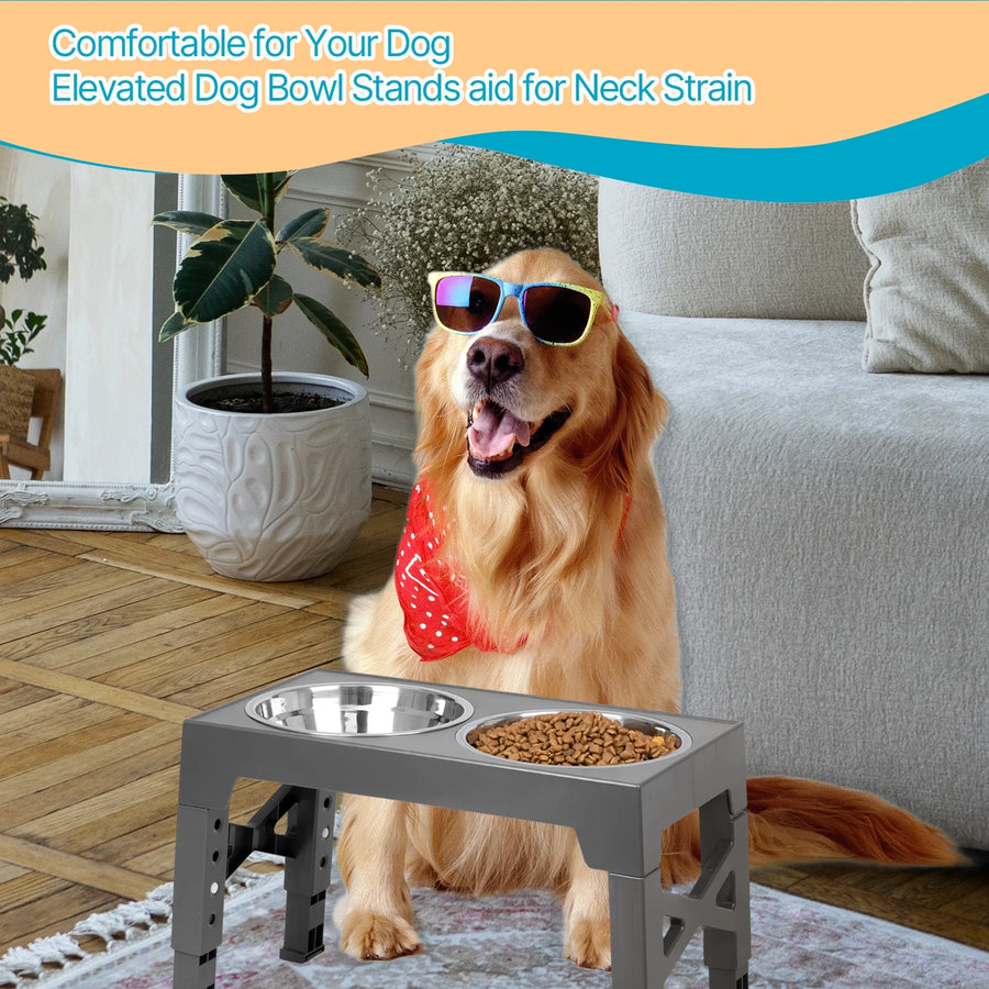 Elevated Dog Bowls Stand with 2 Stainless Steel Dishes, Raised Dog Bowl Adjusts to 5 Heights (3.15", 8.9", 10",11.2", 12.4") for Medium and Large Dogs（Gray）