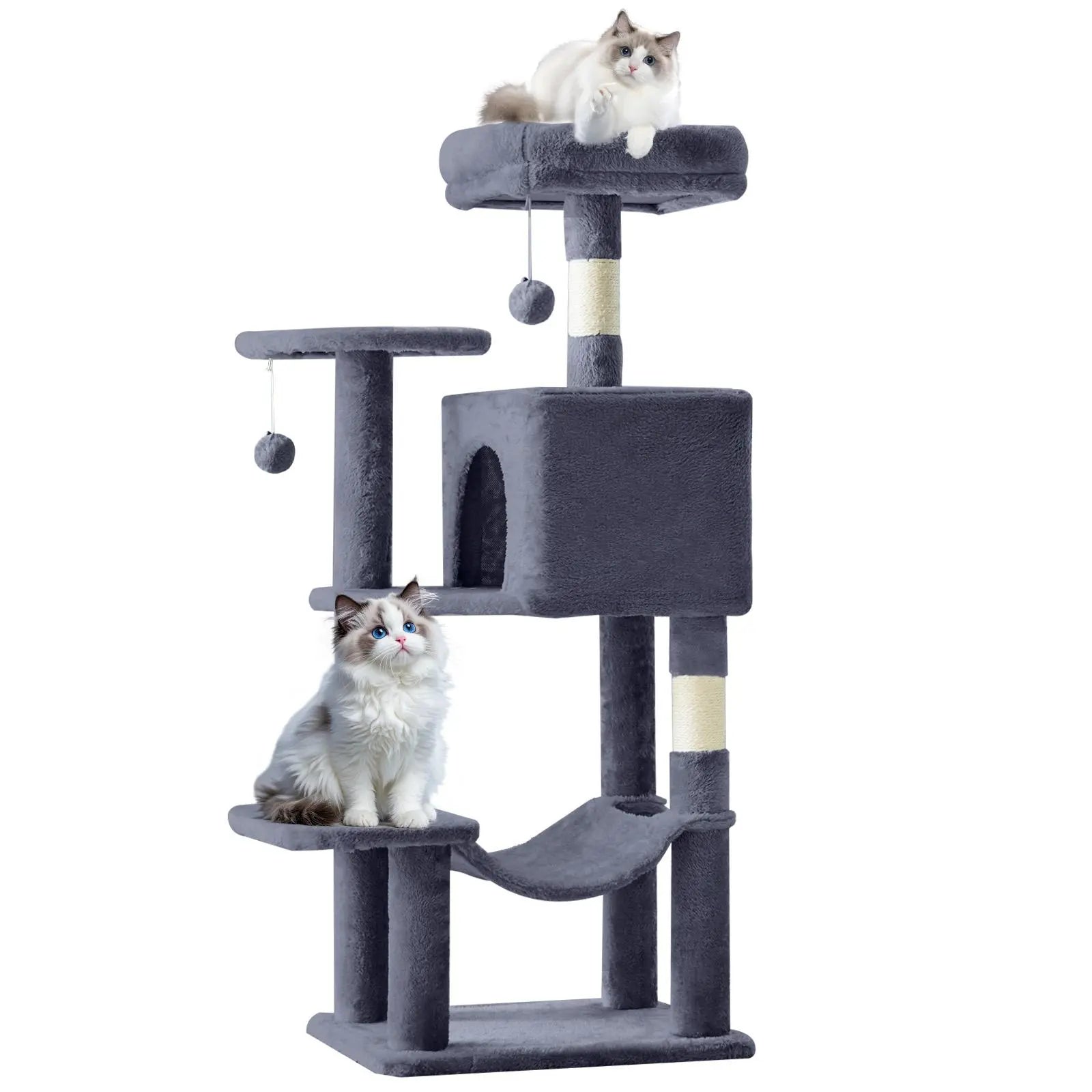 Cat Tree Tower for Indoor Cats, 54In Tall Multi-Level Pet Furniture, Stable Kitty Play House with Sisal Scratching Post, Large Condo, Climbing Ladder, Plush Toy for Kitten Cat Treehouse