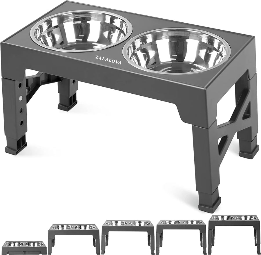 Elevated Dog Bowls Stand with 2 Stainless Steel Dishes, Raised Dog Bowl Adjusts to 5 Heights (3.15", 8.9", 10",11.2", 12.4") for Medium and Large Dogs（Gray）