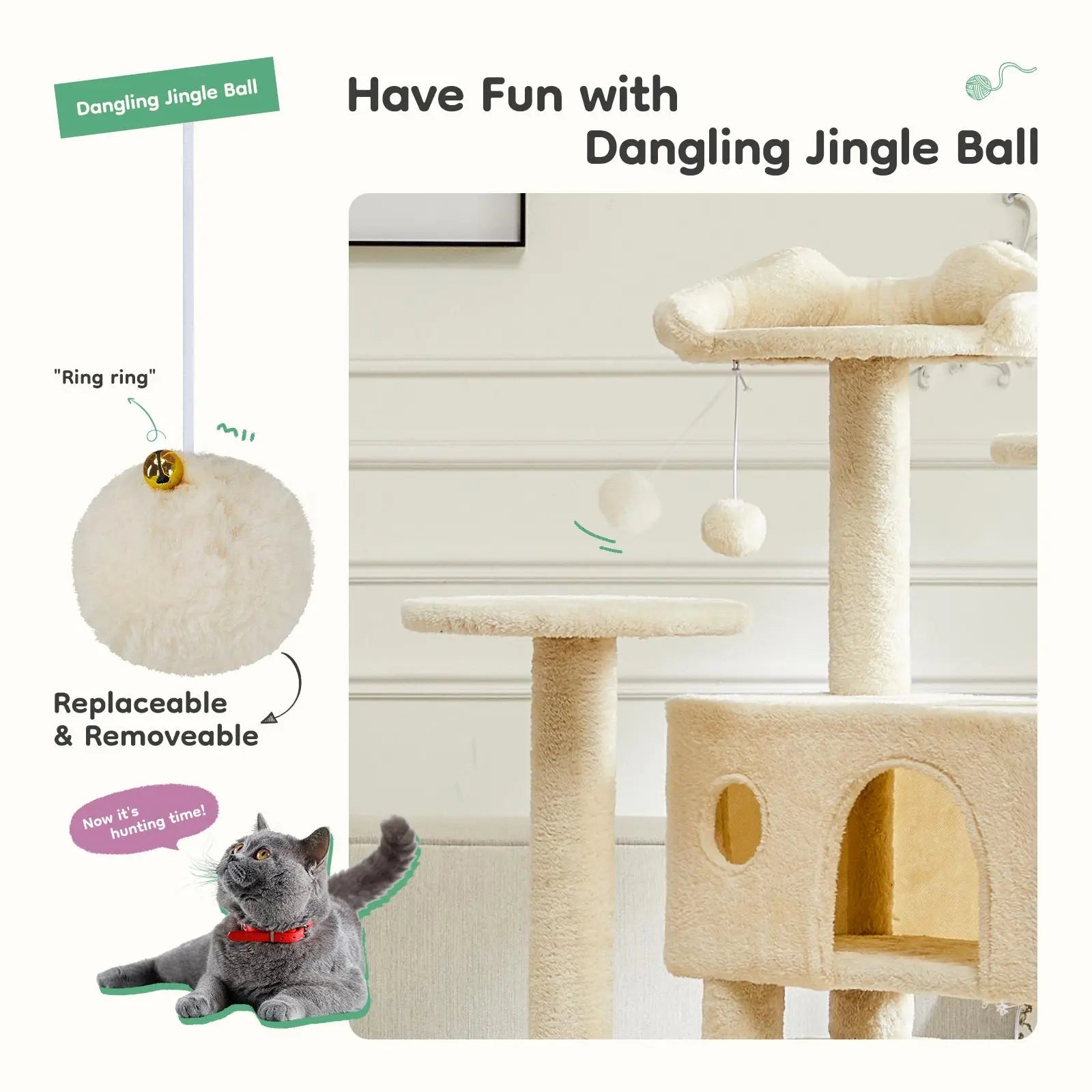 Cat Tree Tower for Indoor Cats, 54In Tall Multi-Level Pet Furniture, Stable Kitty Play House with Sisal Scratching Post, Large Condo, Climbing Ladder, Plush Toy for Kitten Cat Treehouse