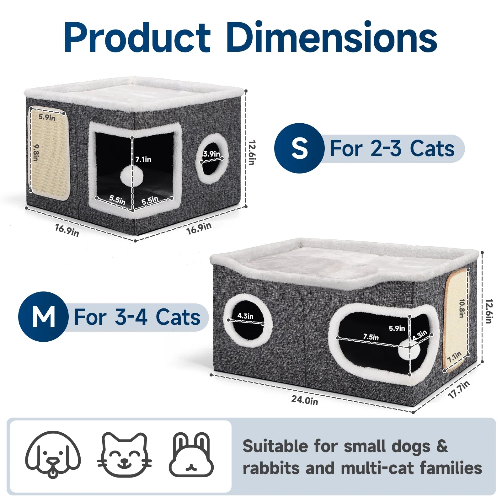 Cat Beds for Indoor Cats, Extra Wide Large Cat House for Pet Cat Cave with Scratch Pad and Fluffy Hanging Ball,Foldable Cat Cube Hideaway,Grey