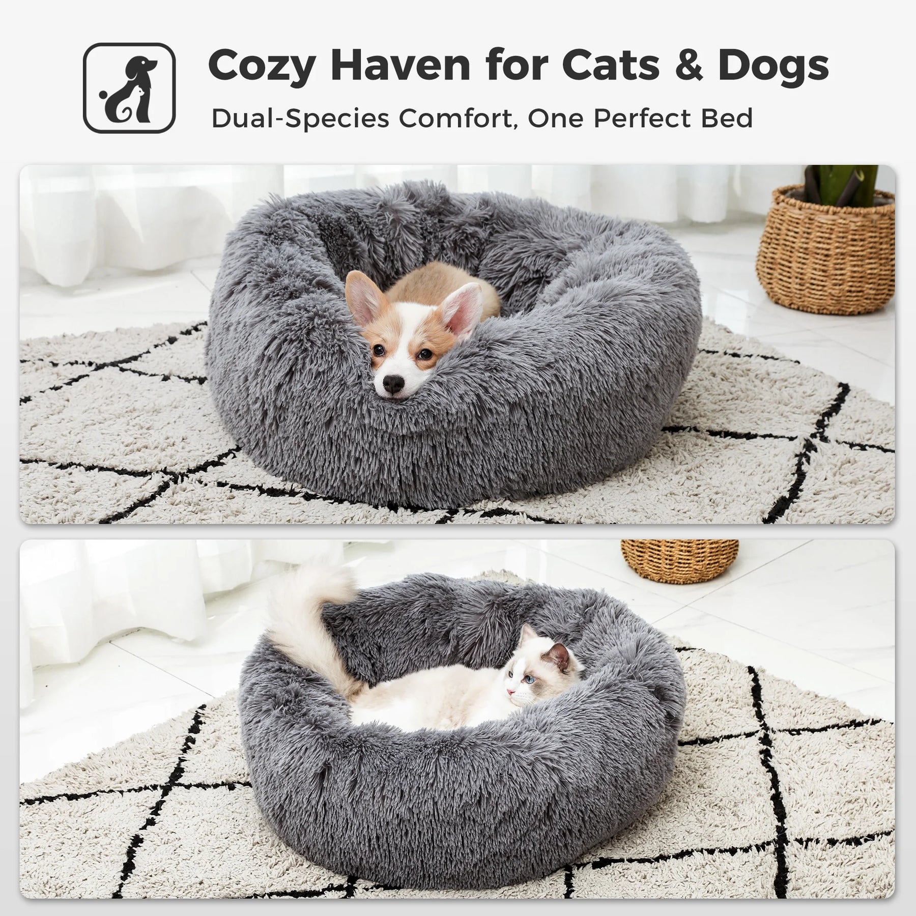 Calming Donut Dog Bed Anti-Anxiety Plush Pillow round Puppy Cat Bed 35" for Pets up to 100Lbs,Gray
