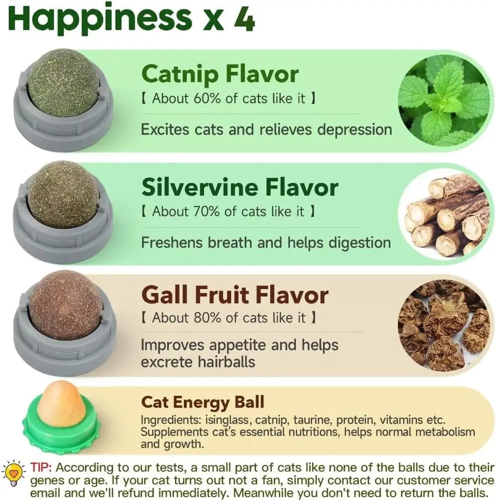Catnip Toys Balls 4 Pcs, Extra Cat Energy Ball, Edible Kitten Silvervine Toys for Cats Lick, Healthy Kitty Teeth Cleaning Dental Chew Toys