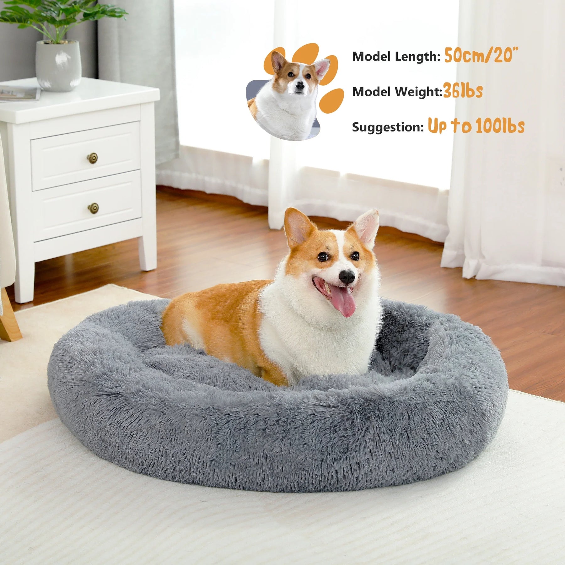 Calming Donut Dog Bed Anti-Anxiety Plush Pillow round Puppy Cat Bed 35" for Pets up to 100Lbs,Gray