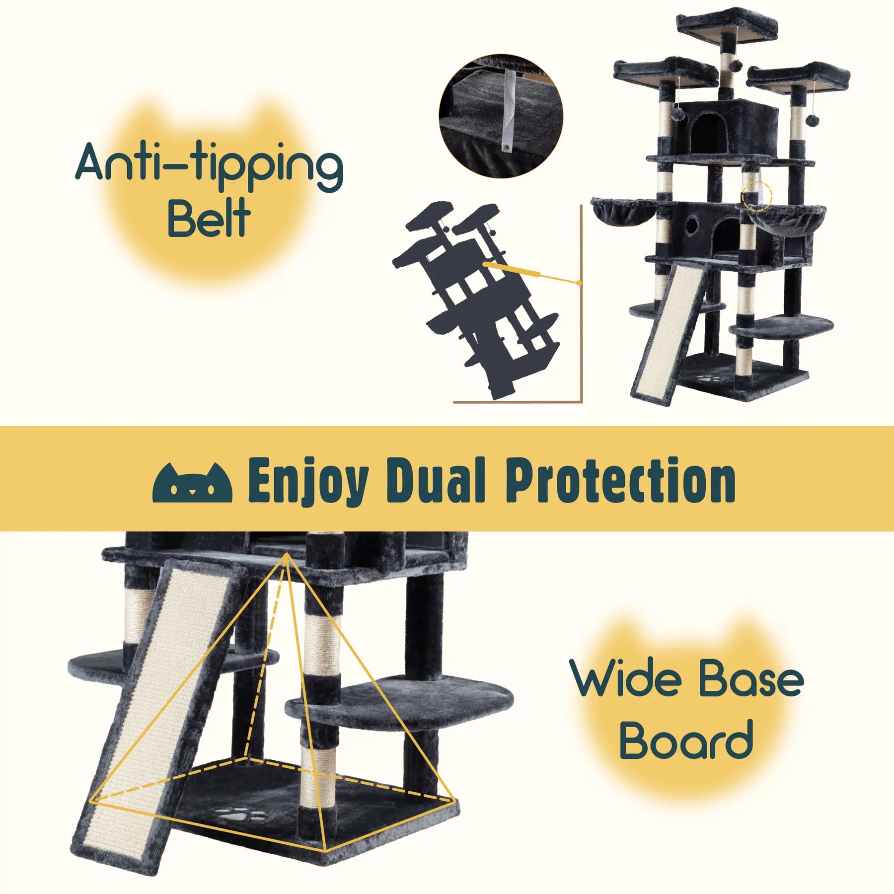 HOOMIC 68-Inch Multi-Level Cat Tree Tower for Large Cats with Sturdy Chipboard Base & Sisal Scratching Posts Cozy Plush Perches & Wide Base Board for Home Activity
