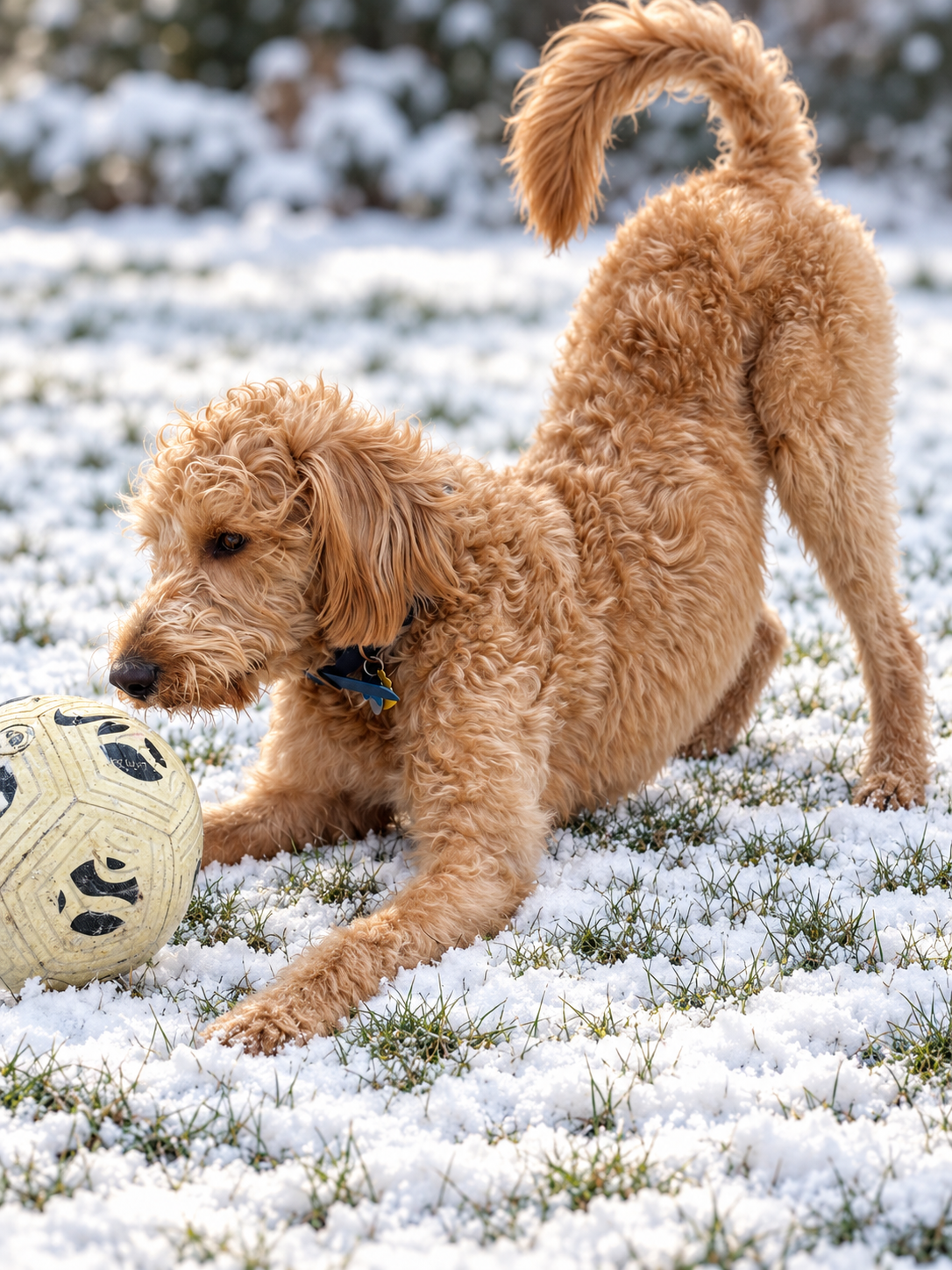 Blazer, our two-year-old goldendoodle, playing in the snow