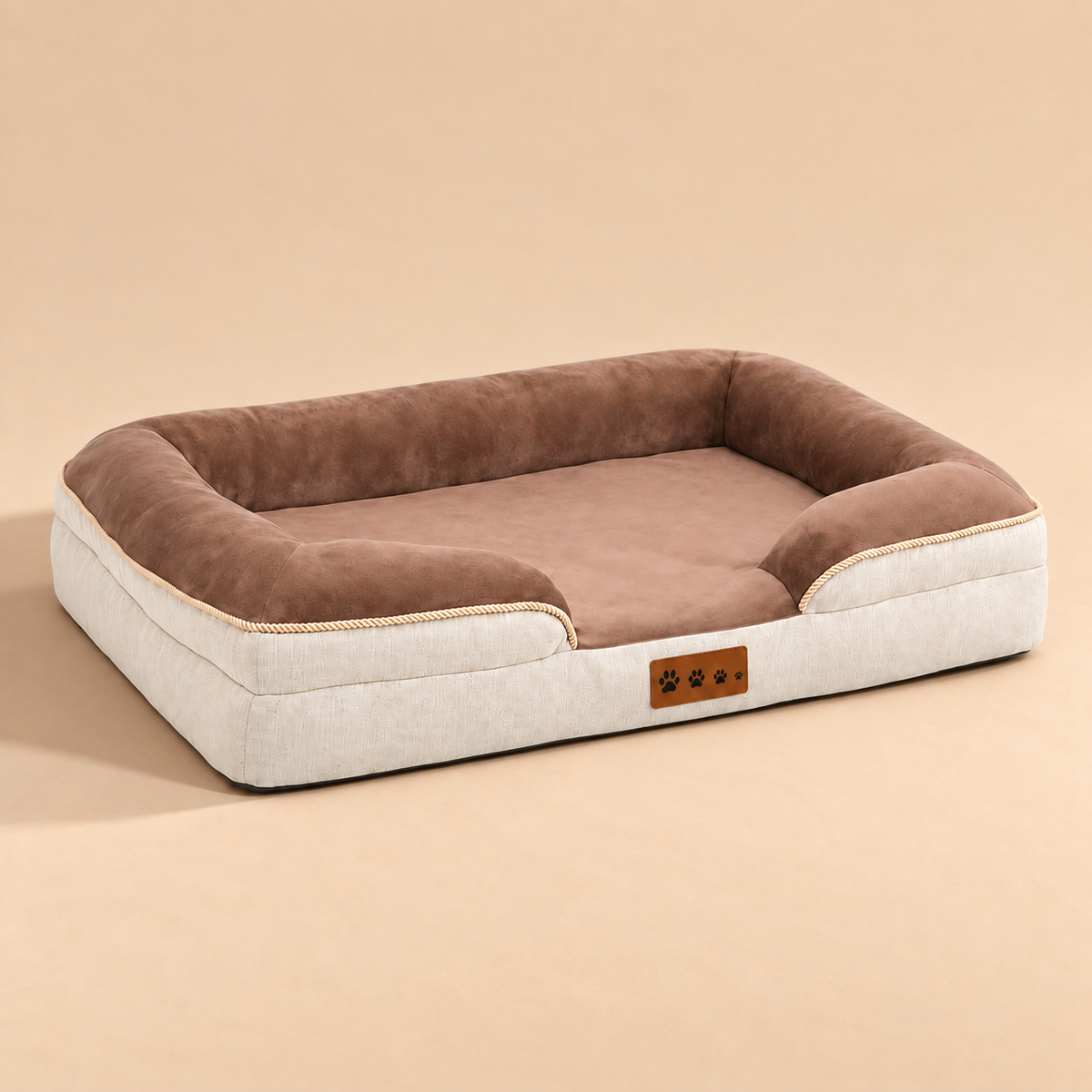 Bolster Dog Bed with cream sides and soft brown plush edges and cushion