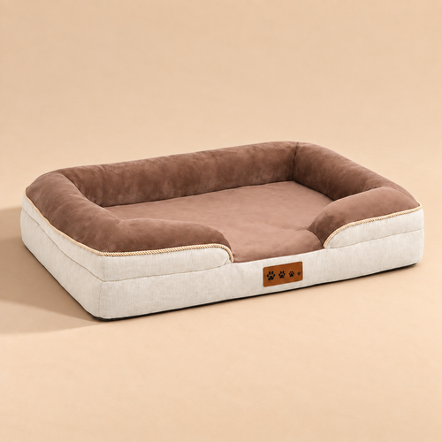 Bolster Dog Bed with cream sides and soft brown plush edges and cushion