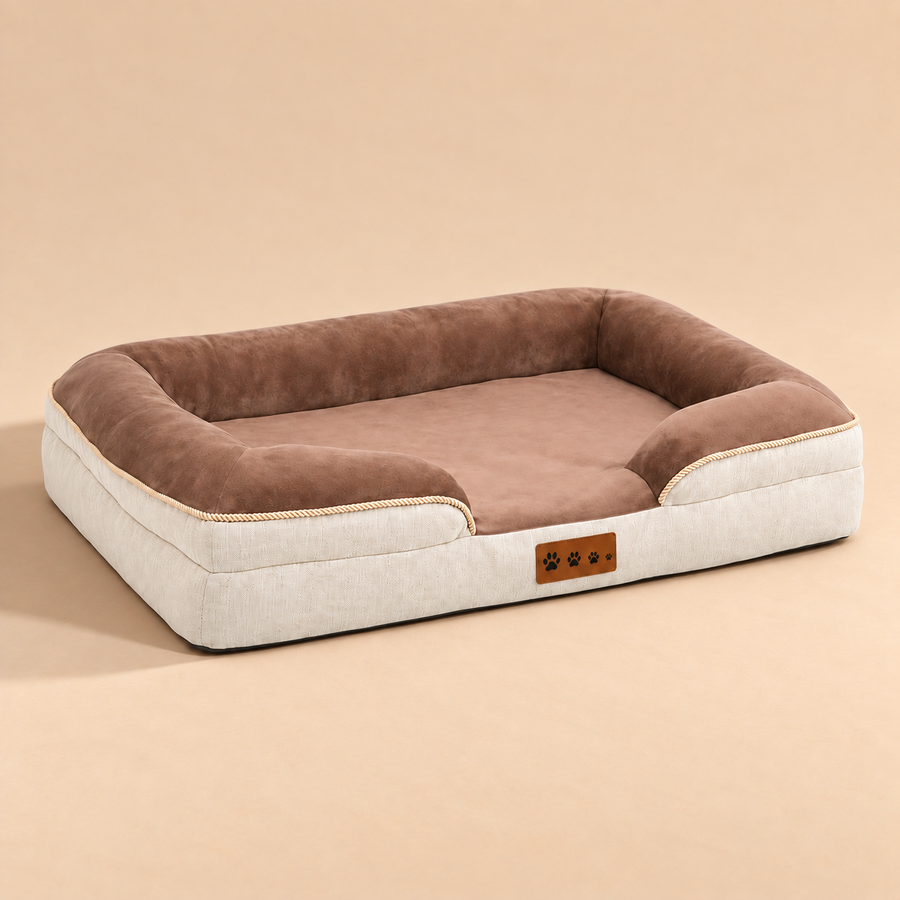 Bolster Dog Bed with cream sides and soft brown plush edges and cushion