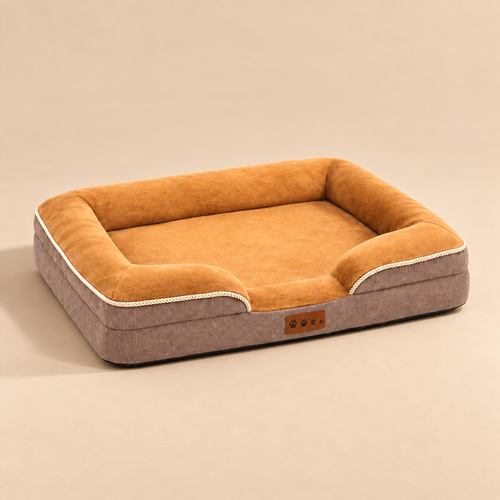 Bolster Dog Bed with taupe sides and caramel plush edges and cushion
