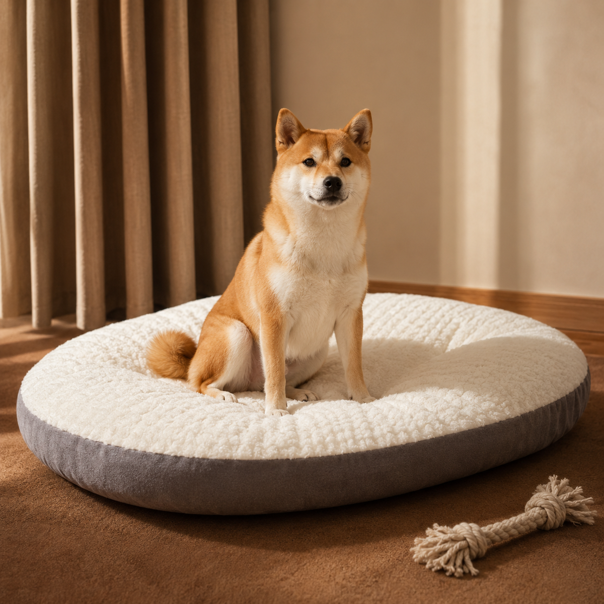 Shiba Inu sitting on the white Plush Stretch-Out Cushion next to a rope toy