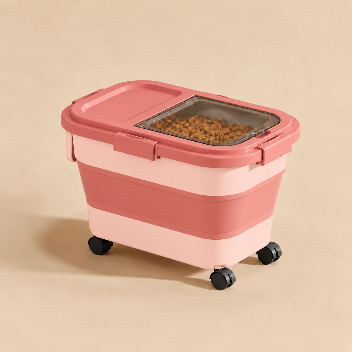 Pink Collapsible Sealed Dog Food Storage Bin on wheels, filled with kibble