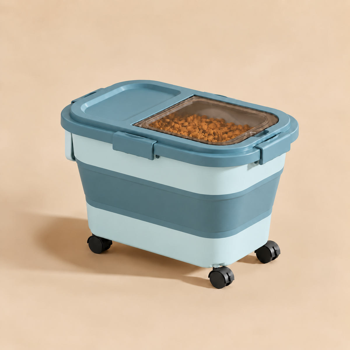 Teal Collapsible Sealed Dog Food Storage Bin on wheels, filled with kibble