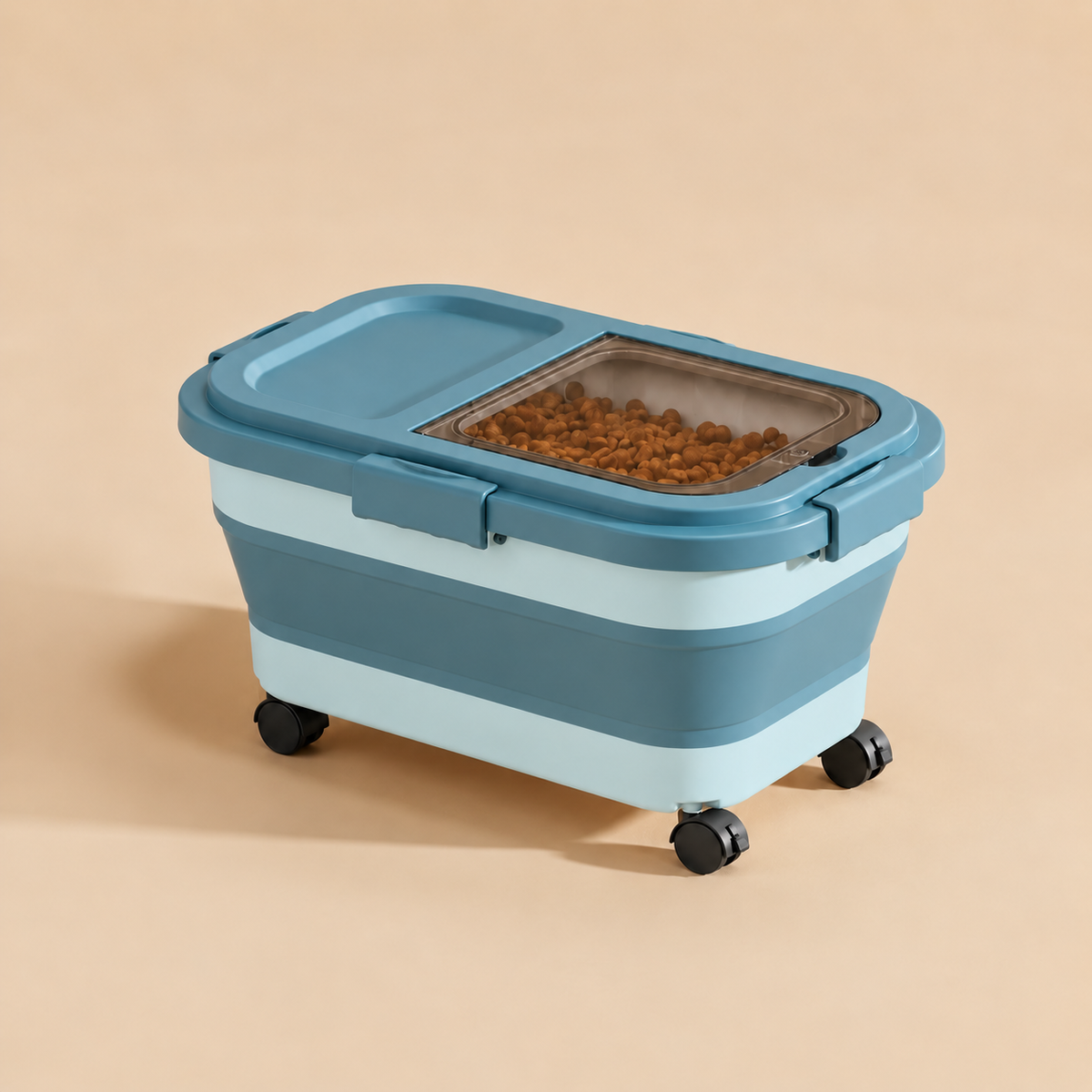 Compact teal Collapsible Sealed Dog Food Storage Bin on wheels