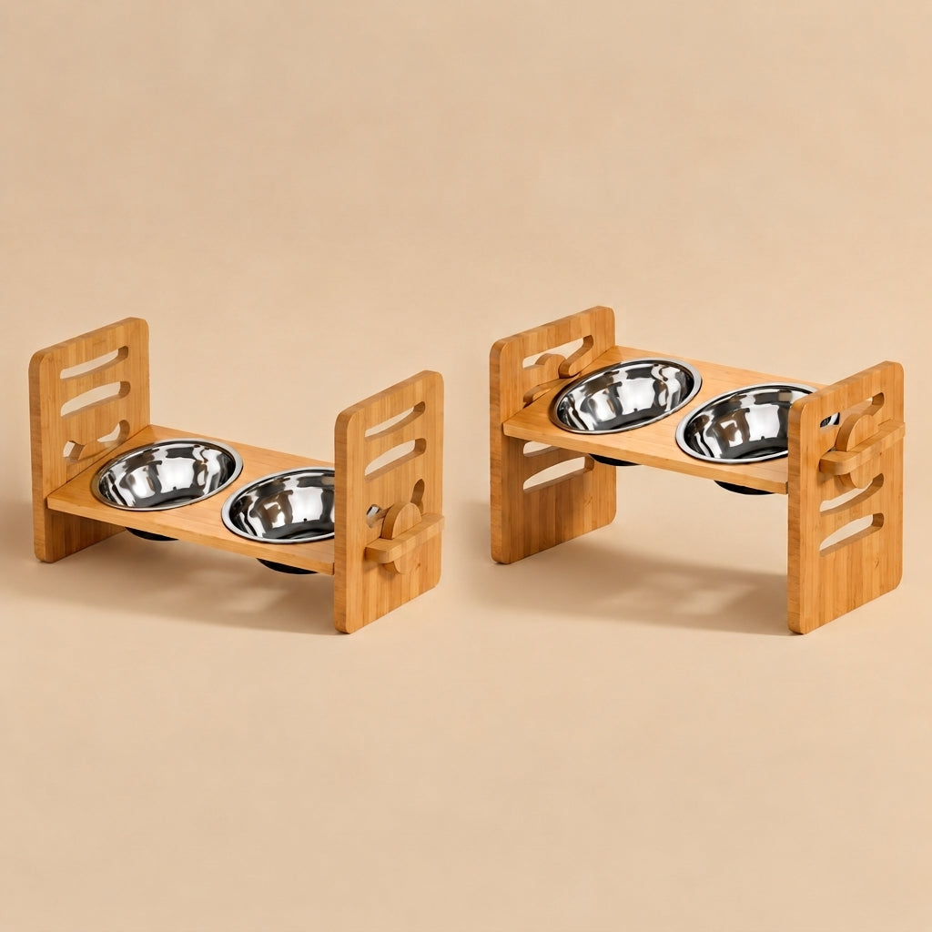 Adjustable Dog Feeding Rack at a low and a high setting, with slotted side panels