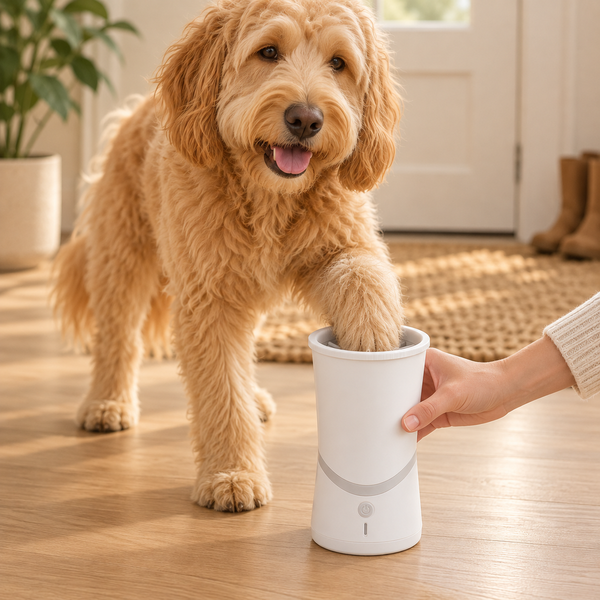 Goldendoodle with one paw in the Rechargeable Paw Washer, held by its owner at the front door
