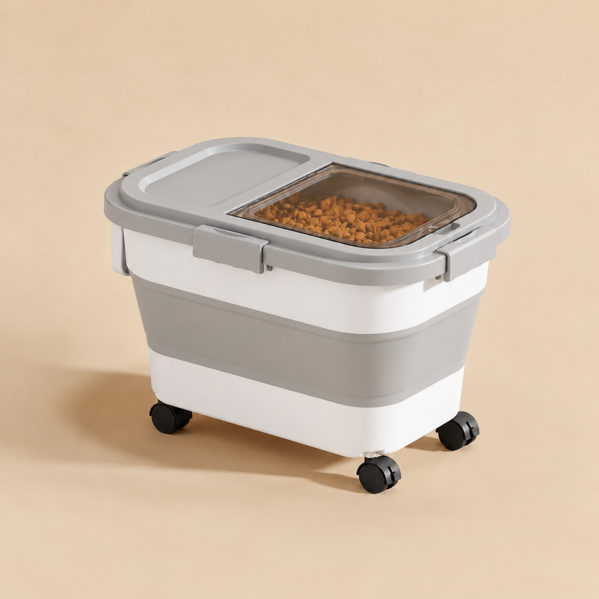 Gray Collapsible Sealed Dog Food Storage Bin on wheels, filled with kibble