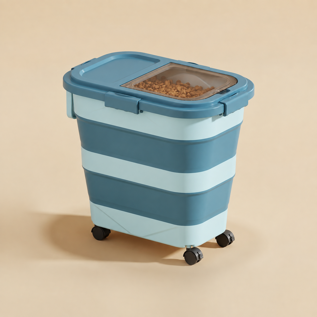 Tall teal Collapsible Sealed Dog Food Storage Bin on wheels