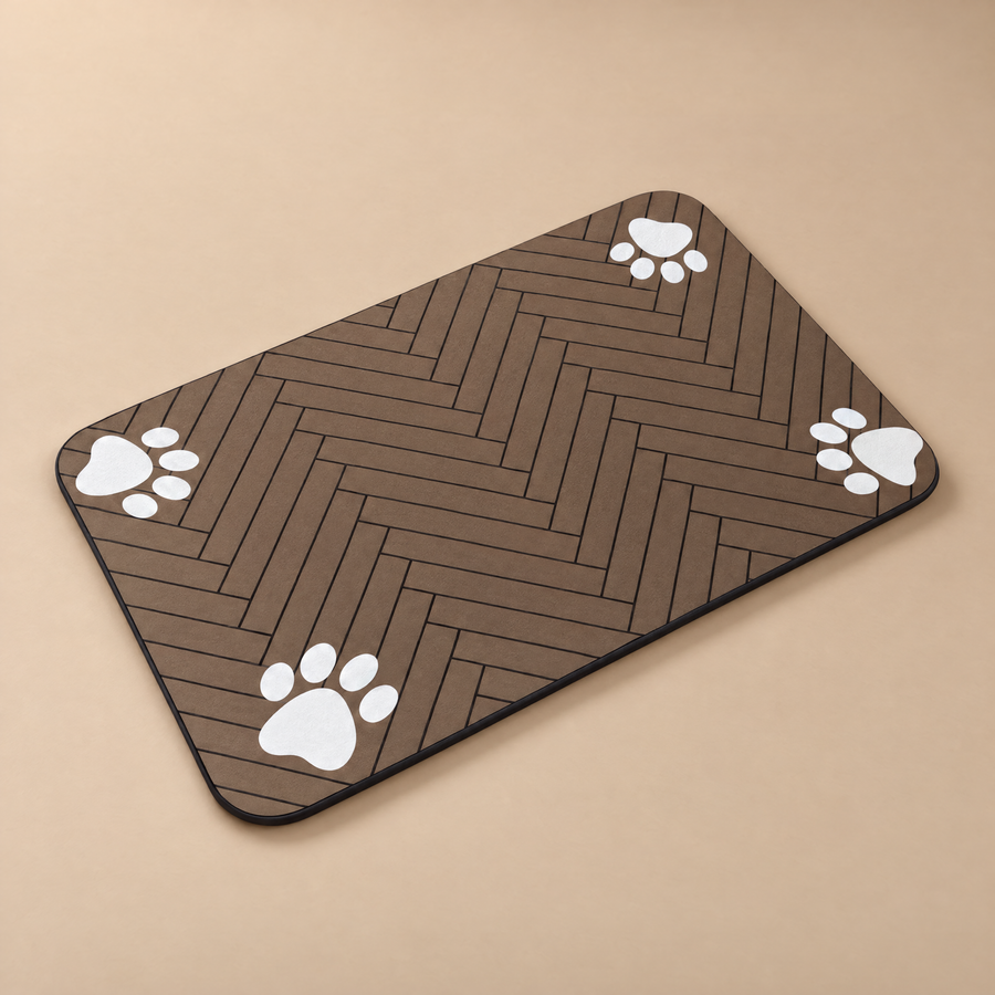 Quick-Dry Feeding Mat in Brown with white paw prints and herringbone pattern