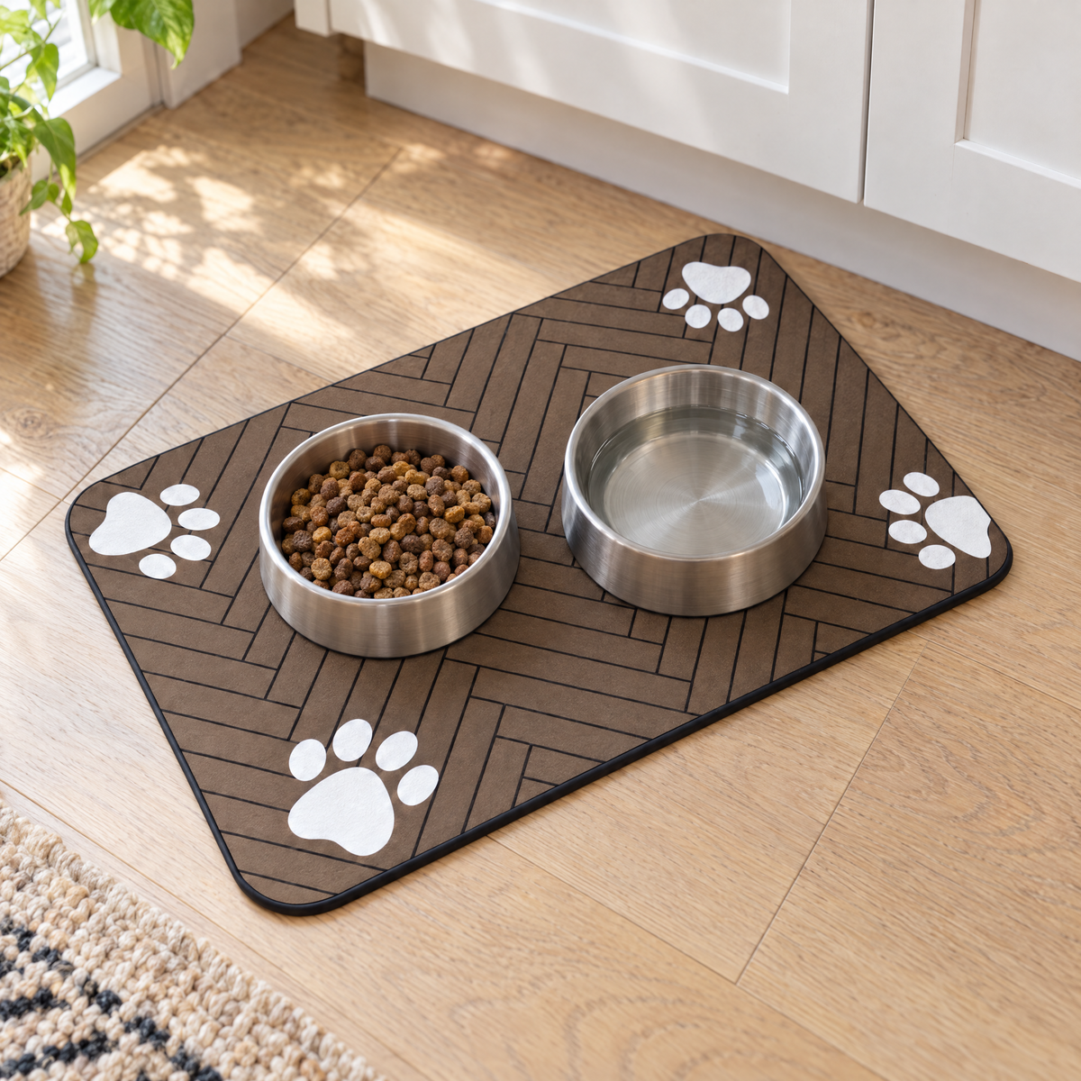 Brown Quick-Dry Feeding Mat on a kitchen floor under two stainless steel dog bowls