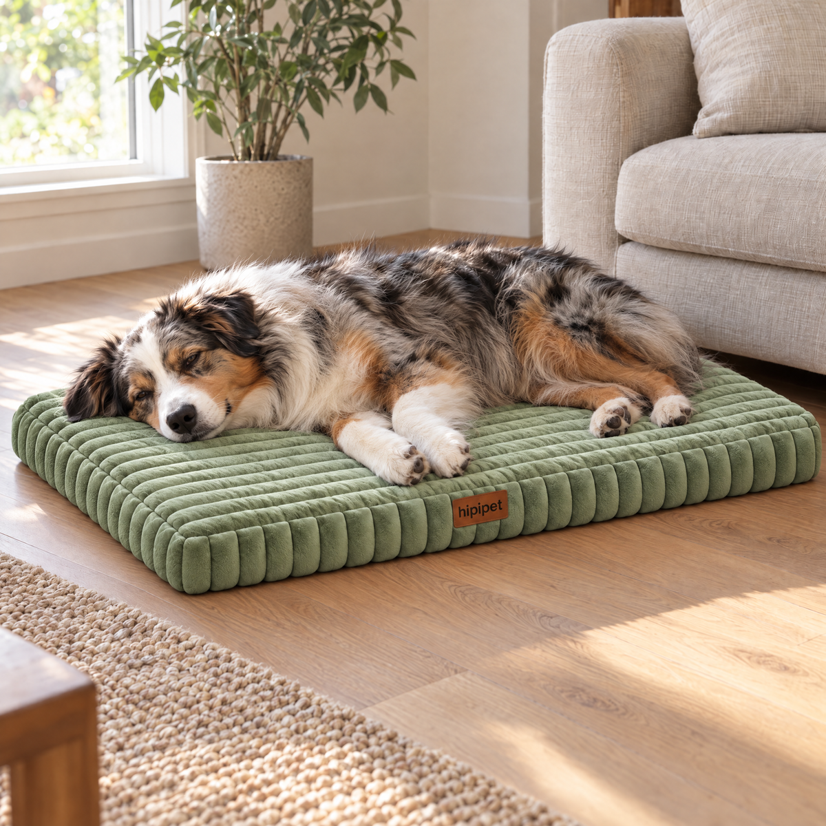 Australian Shepherd asleep on a green Corduroy Dog Mat in a sunny living room