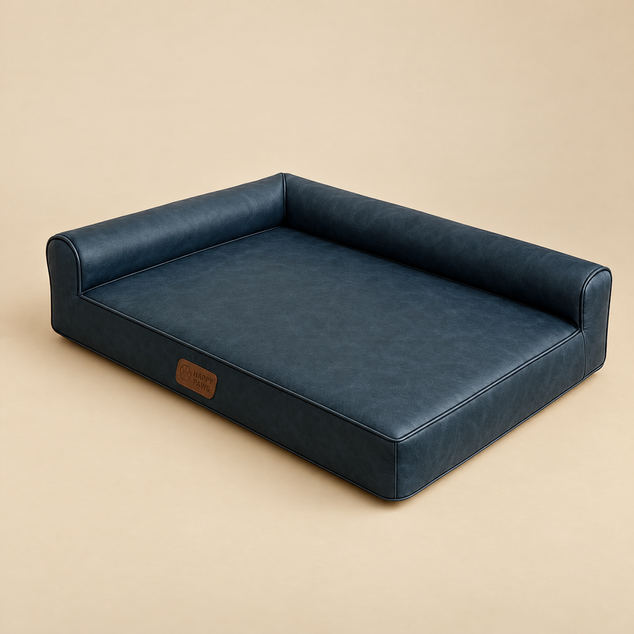 Comfy-Paw faux leather lounge dog bed in navy with raised bolster and open front