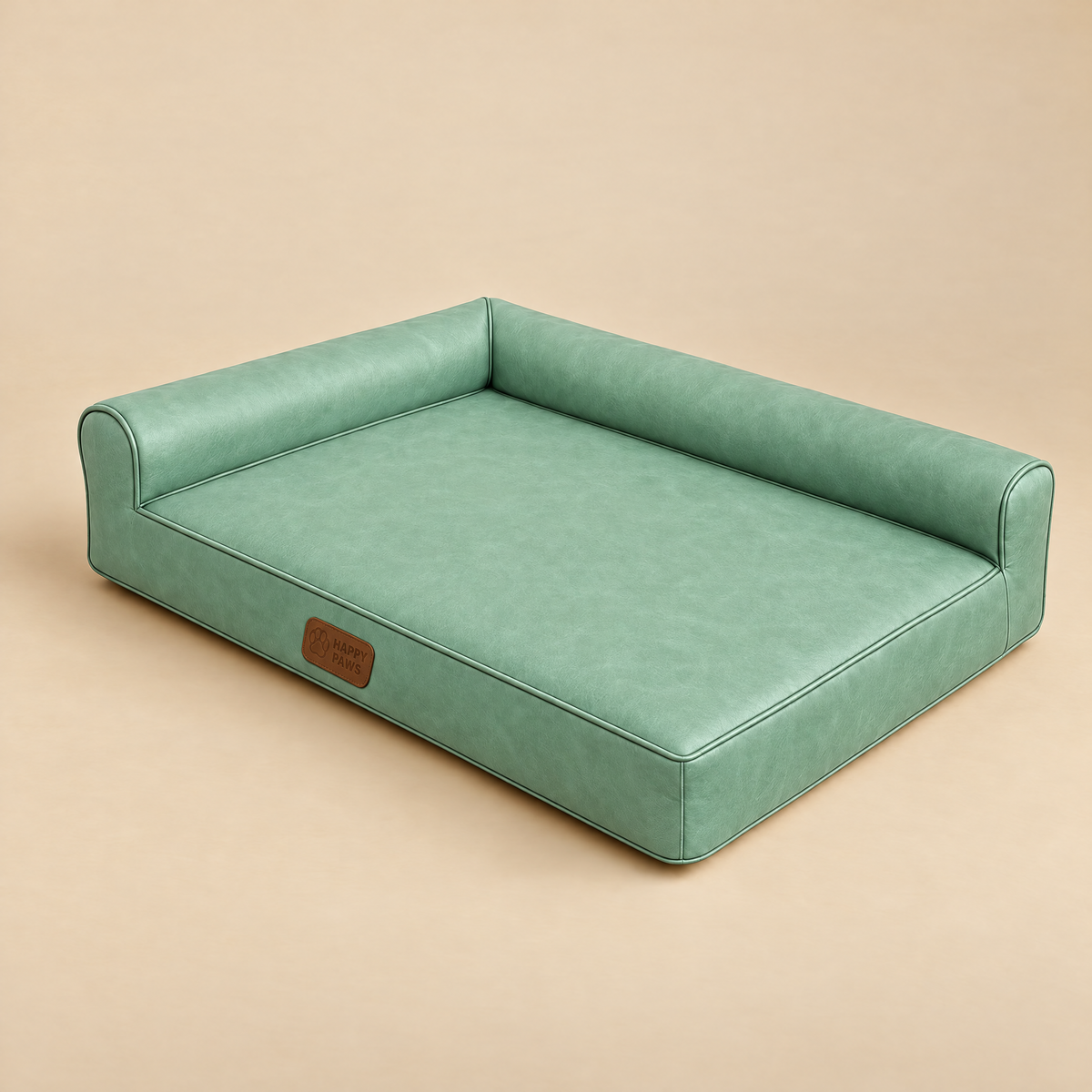 Faux leather lounge dog bed in light green with raised bolster and open front